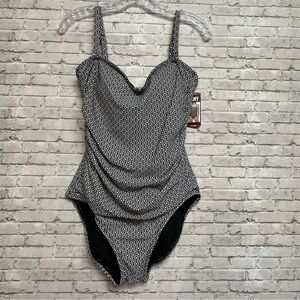 DKNY Women's Swimsuit Size XL One-Piece UPF Protect Black White Geometric NEW